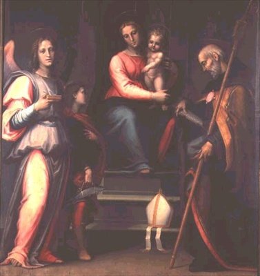 Madonna und Kind mit den Heiligen Augustinus, Tobias und dem Erzengel Raphael von Bartolommeo Sogliani