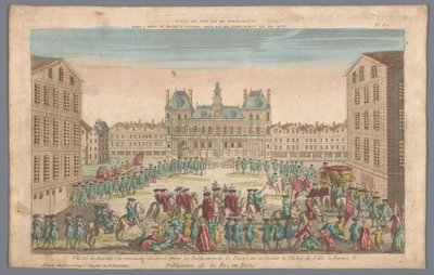 Ansicht des Rathauses in Paris mit einem Festzug zur Verkündung des Friedens von Basset