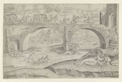 Venus und Amor in Stadtansicht mit einer Brücke von Battista Angolo del Moro