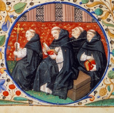 Szene aus dem Klosterleben, Detail darstellend Mönche des Dominikanerordens, Miniatur aus dem Stundenbuch nach dem Gebrauch von Paris, illuminiert von der Werkstatt des Meisters von Bedford von Bedford Master Workshop