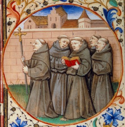 Szene des klösterlichen Lebens. Detail, das Mönche des Franziskanerordens darstellt. Miniatur aus dem „Stundenbuch nach dem Gebrauch von Paris“ von Bedford Master Workshop