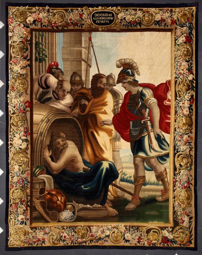 Diogenes und Alexander: Begegnung zwischen dem griechischen Philosophen Diogenes von Sinope (413-327 v. Chr.) in seinem Fass und König Alexander dem Großen (356-323 v. Chr.) in Korinth. Als der Eroberer ihn fragte, was er wolle, antwortete Diogenes: "Geh m von Belgian School