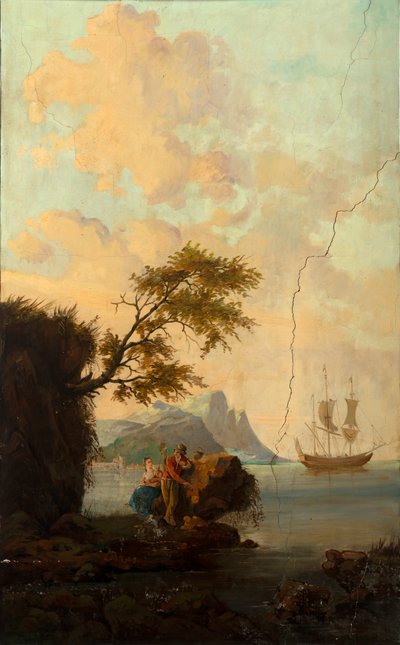 Zweiter Hinterraum, Besprechungsraum, Wandgemälde mit ländlichen Szenen im klassischen Stil, wahrscheinlich um 1810, Szene 5 von Belgian School