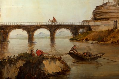 Zweiter Hinterraum, Besprechungsraum, Wandgemälde mit ländlichen Szenen im klassischen Stil, wahrscheinlich um 1810, Szene 2 von Belgian School