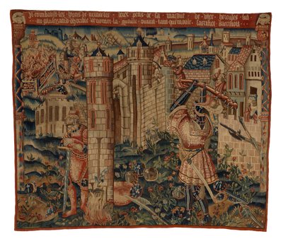 Wandteppich, Herkules am Tor der Stadt Prycus oder Herkules greift eine Stadt an, möglicherweise aus Tournai von Belgian School