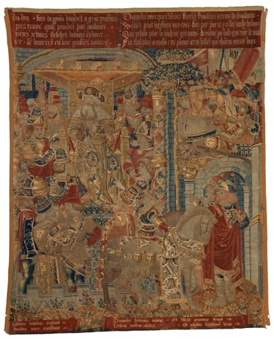 Wandteppich, Drei Szenen aus dem Trojanischen Krieg oder Odysseus und Diomedes als Botschafter am Hofe von König Priamos, Forderung der Rückkehr von Helena, hergestellt in Tournai von Belgian School