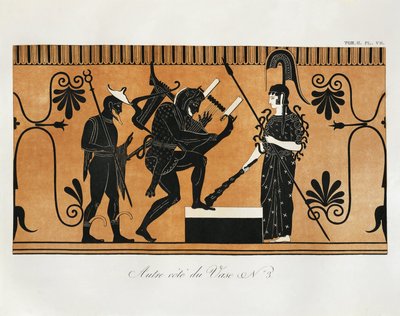 Szene von antiker griechischer Vase mit Herakles, der vor Athena Lyra spielt, mit Hermes dahinter, von Piringer (nach griechischem Original), Gravur von Benedict or Benedikt Piringer