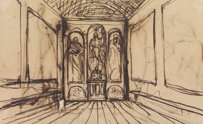 Studie eines Innenraums mit religiösen Bildern an den Wandpaneelen von Benjamin Robert Haydon