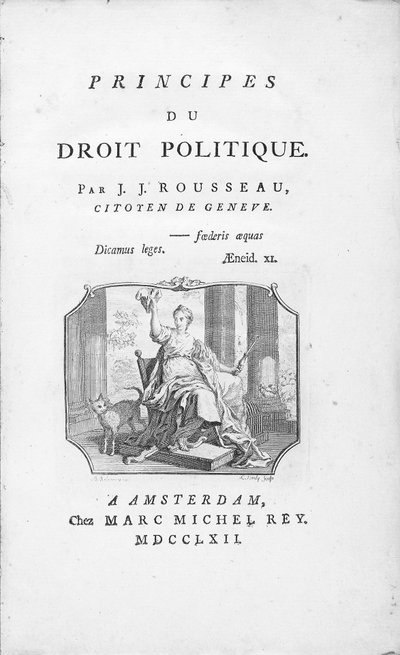 Frontispiz von "Principals of Political Right" von Jean Jacques Rousseau, mit allegorischer Vignette der Freiheit, graviert von Borly, veröffentlicht 1762 von Benjamin Samuel Bolomey