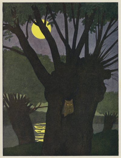 Eule in einem Baumloch in einer mondhellen Nacht von Benjamin Rabier