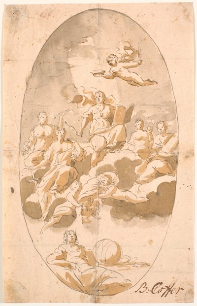 Studie für ein Deckenfresko mit neun Figuren, oval von Benoît Le Coffre
