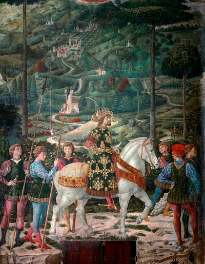 Der byzantinische Kaiser „Die Reise der Heiligen Drei Könige“. Prozession der Heiligen Drei Könige von Jerusalem nach Bethlehem, genannt auf Italienisch „Viaggio dei Magi“ oder „Cavalcata dei Magi“. Detail (Darstellung des byzantinischen Kaisers Johannes V von Benozzo di Lese di Sandro Gozzoli