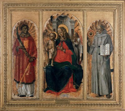 Triptychon, Jungfrau mit Kind mit St. Leonhard (oder Stephan) und St. Bernhardin von Siena von Bernadino Jacobi Butinone