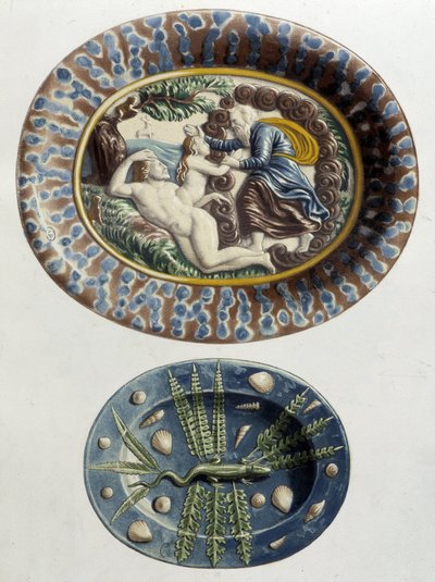 Gott erschafft Eva aus Adams Rippe; Eidechse - Keramikschalen, in „The work of Bernard Palissy“ von C. Delange und C. Borneman, Paris von Bernard (after) Palissy