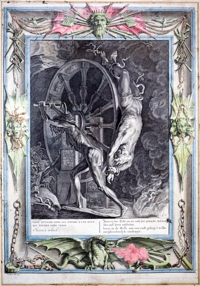 Ixion an das ewig drehende feurige Rad gebunden von Bernard (after) Picart