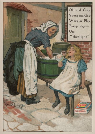 Junges Mädchen bläst Seifenblasen, während ihre Großmutter die Wäsche macht: Werbung für Sunlight-Seife von Bernard Partridge