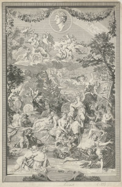 Allegorische Titelseite mit verschiedenen Szenen aus den Metamorphosen von Ovid und dessen Porträt von Bernard Picart