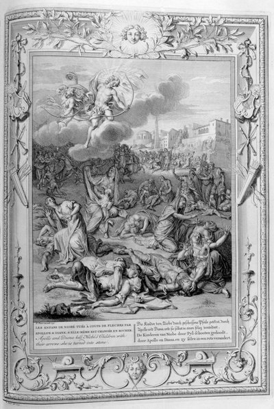 Apollo und Diana töten Niobes Kinder mit ihren Pfeilen, 1733 von Bernard Picart