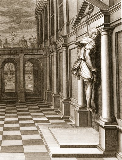 Iphis erhängt sich in Verzweiflung, dass er Anaxarete nicht gewinnen konnte, 1731 von Bernard Picart