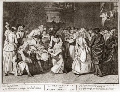 Judentum: Beschneidungszeremonie in der jüdisch-portugiesischen Gemeinde) Gravur aus "Illustration religiöser Zeremonien und Bräuche aller Völker der Welt" von Bernard Picart (1723-1743) von Bernard Picart