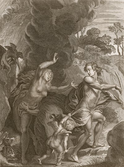 Orpheus, der Eurydike aus der Hölle führt, schaut zurück und verliert sie für immer, 1731 von Bernard Picart