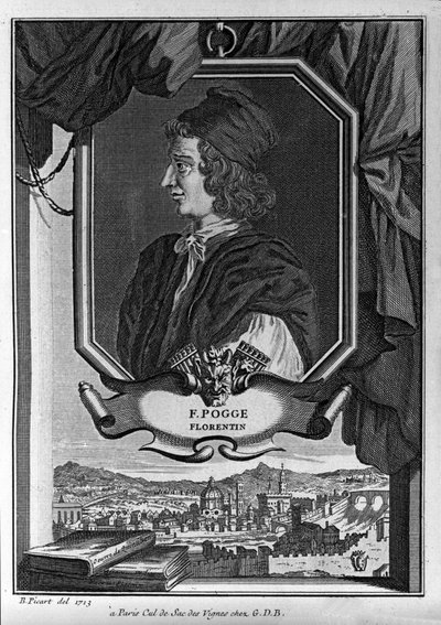 Porträt von Giovanni Francesco Poggio Bracciolini, genannt Le Pogge oder Le Pogge Florentin (1380-1459), italienischer Humanist, Gravur von Bernard Picart, Paris von Bernard Picart