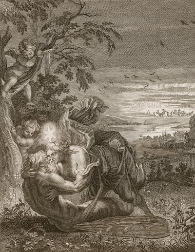 Tithonus, Auroras Ehemann, in eine Heuschrecke verwandelt, 1731 von Bernard Picart