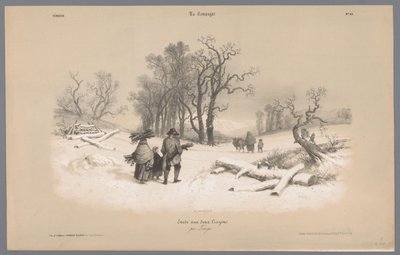Familie sammelt Holz im Schnee (Darstellungen des Lebens auf dem Land) von Bernard Romain Julien