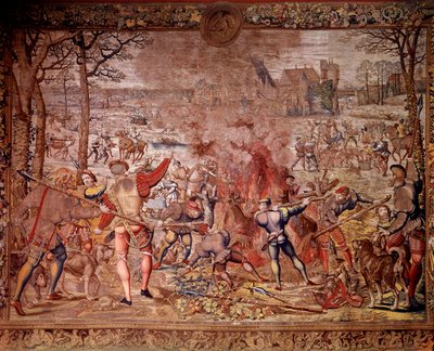 Die Jagden von Maximilien, genannt „Schöne Jagden von Guise“: der Monat Januar, Wassermann, Wildschweinjagd, Flambée, Curee - Tapisserie hergestellt in den flämischen Werkstätten von Bernard van Orley von Bernard van (after) Orley