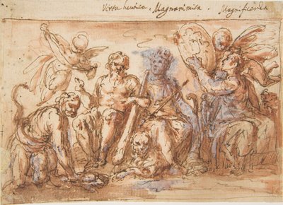 Allegorische Figuren: Kraft, Herkules erdrosselt die Hydra, Fülle und Ruhm, 1600-1650 von Bernardino Rodriguez