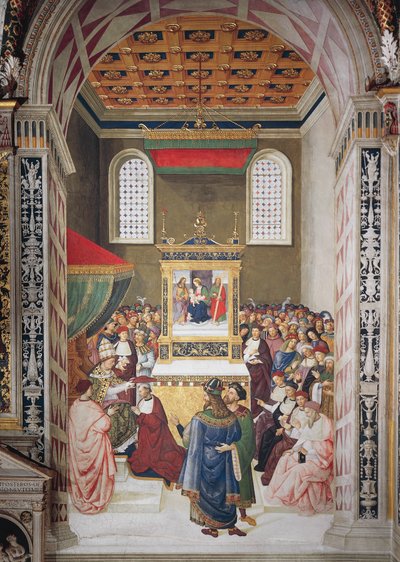 Italien, Siena, Kathedrale, Piccolomini-Bibliothek, Enea Silvio Piccolomini erhält den Kardinalshut von Calixtus III., Detail aus Geschichten von Pius II. von Bernardino di Betto Pinturicchio
