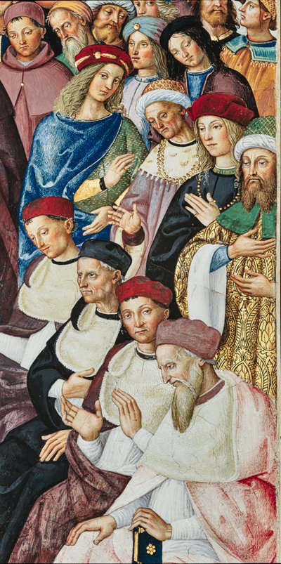 Piccolomini-Bibliothek, Südostwand: „Aeneas Sylvius erhält den Kardinalshut von Papst Calixtus III., 17. Dezember“ von Bernardino di Betto Pinturicchio