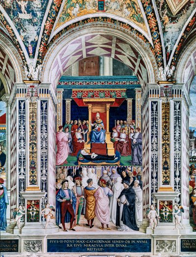 Piccolomini-Bibliothek, Südwestwand: „Pius II. kanonisiert St. Katharina von Siena, 29. Juni“ von Bernardino di Betto Pinturicchio