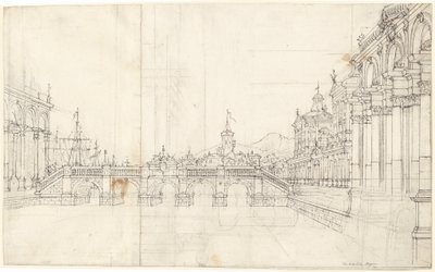 Ein Capriccio von Palästen und einer Loggia mit Blick auf eine klassische Brücke von Bernardo Bellotto