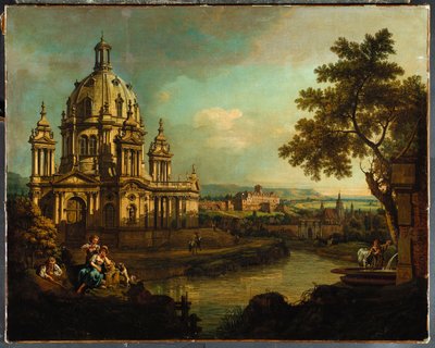 Ein Capriccio mit einer Kuppelkirche und Gebäuden in Pirna von Bernardo Bellotto