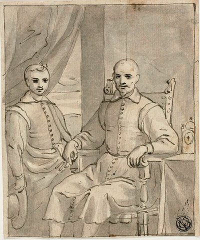 Porträt eines sitzenden Geistlichen und eines stehenden Jungen von Bernardo Castello