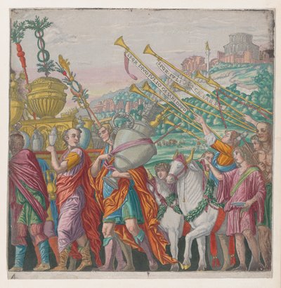 Blatt 4: Männer, die Trophäen tragen, links, Trompeter rechts, aus Der Triumph von Julius Ca..., 1599 von Bernardo Malpizzi