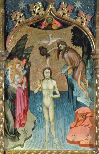 Altarbild, das die Taufe Jesu durch Johannes den Täufer aus der Kirche von Cabrera darstellt von Bernardo Martorell