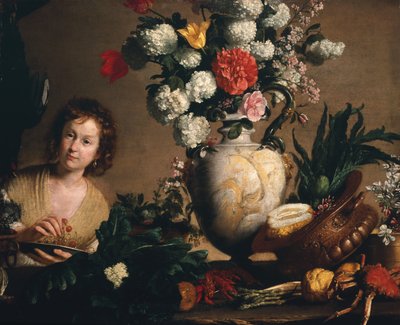 Ein Stillleben mit Blumen, Obst, Gemüse und Meeresfrüchten auf einem Sims mit einer Figur, die einen Teller mit Kirschen hält von Bernardo Strozzi