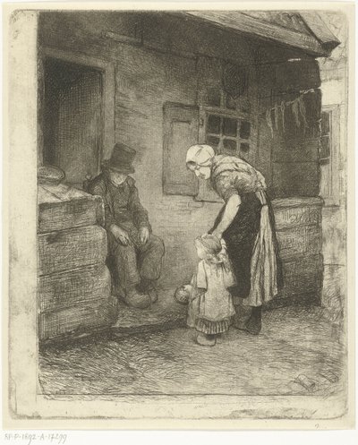 Frau mit kleinem Kind steht bei sitzendem alten Mann vor Arbeiterwohnung von Bernardus Johannes Blommers