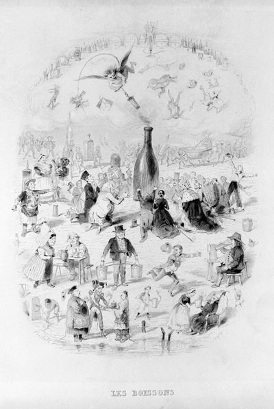 Getränke: eine Menge in Anbetung vor einer Weinflasche und den verschiedenen Getränkesorten in Brillat - Savarin, illustriert von Bertall. Paris 1840. Jean Anthelme Brillat-Savarin, französischer Gastronom von Bertall