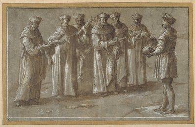 Sechs Anatomiemeister, die einen Schädel und gehäutete Gliedmaßen diskutieren von Biagio Pupini