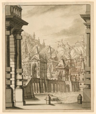 Bühnenbild, Stadt auf Hügel mit Türmen von Bibiena Family, 1657