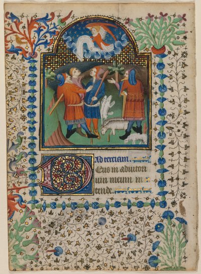 Blatt aus einem Stundenbuch: Verkündigung an die Hirten recto und Text verso, ca. 1410-20 von Boethius Illuminator