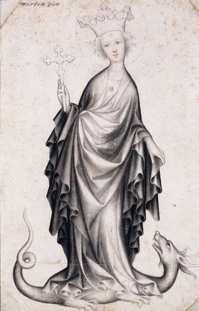 Heilige Margarete von Antiochia (gestorben um 305) (Saint Margaret) (sie hält ein Kruzifix und tritt auf einen Drachen) - Werk eines böhmischen Meisters (aktiv 1410-1420), Bleistift und Pinsel auf Papier (21,4x14 cm), um 1410 - Szépművészeti Múzeum, Budape von Bohemian School