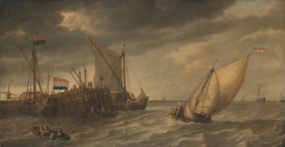 Reisende, die bei starkem Wind an einem Steg an der Schelde anlanden von Bonaventura Peeters