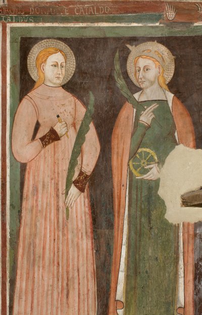 Nordquerhaus, Altar des Erzengels Michael, hinter dem Altarbild die Fresken von Bonifacio Bembo, Heilige Aquilina und Heilige Katharina von Alexandria von Bonifacio Bembo