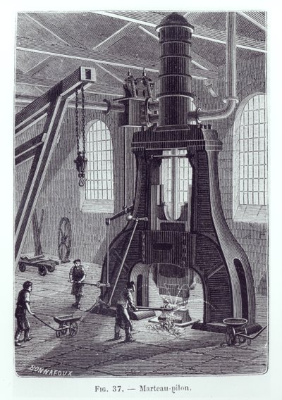 Der Le Creusot-Dampfhammer, Illustration für ein Buch über Industriemaschinen, ca. 1880 von Bonnafoux
