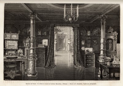 Das Arbeitskabinett des Erzherzogs von Österreich Maximilian (1832-1867), im Schloss Miramar, das er in der Nähe von Triest erbauen ließ, ab 1857, als er zum Vizekönig des Königreichs Lombardei und Venetien ernannt wurde, graviert von B. Bonnafoux zur Illu von Bonnafoux Bonnafoux