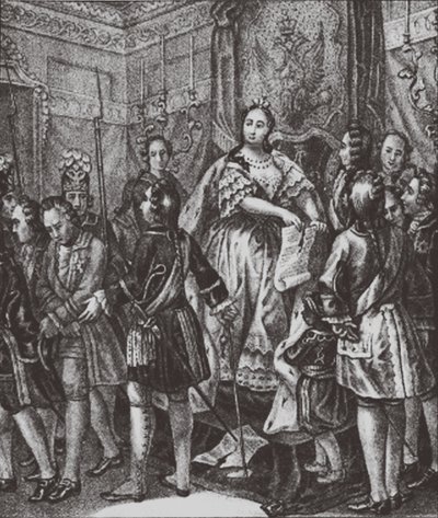 Anna Ioannovna zerreißt die Bedingungen, 1730 von Boris Artemyevich Chorikov